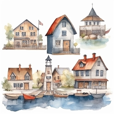 watercolor harbor village, illustrations clipart set, simple, , cartoon elements ,different variants , separate elements with a margin