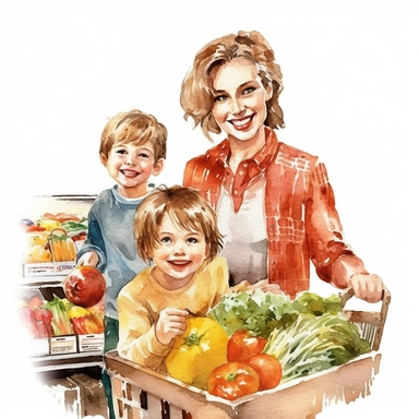 watercolor detailed illustration of An extremely happy smiling woman making groceries with her kids in a grocery store, clipart, white background