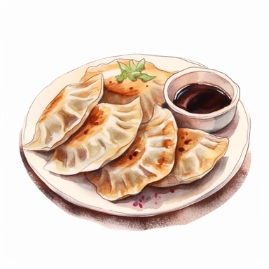 picturesque,bright luxury arrange neatly on a plate, Pan-fried gyoza dumplings with brown burnt marks, icon clipart on white background, watercolor, detailing in pastel colors, high quality, painted by Beatrix Potter, 8k,