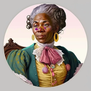 regency African female elf elven noble guild merchant politician, Josh Kirby Mad Max Lord of the Rings, handpainted enamel punk zine indie retrowave, clipart illustration character portrait, circle white background