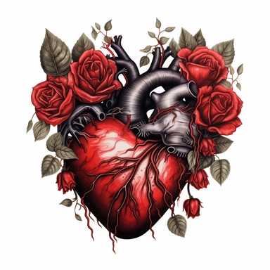 anatomical red heart with black roses clipart, white background