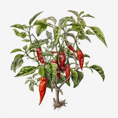 clipart of a realistic chili pepper plant with red chili peppers, surrounded by white background, wide shot, very detailed, watercolor illustration, white background, cinematic, high quality, 32 k,