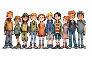 a group of difference nation children standing around in various ways, in the style of medium blue colors, cartooncore, wimmelbilder, free-associative, clipart white background, folk/naïve:, ps1 graphic 16k