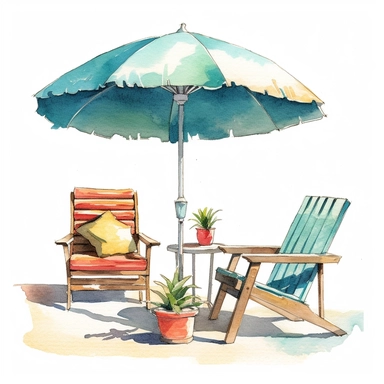 watercolor, hyper realistic, white background, white margins, 16k, ultra detailed clipart, cut out image, hand-drawn, whimsical manhwa style, ultra HD, sharp and clean art Vibrant and tropical colors, such as turquoise, coral, and sunny yellow. a beach umbrella and lounge chair, with a coconut drink placed on a side table.