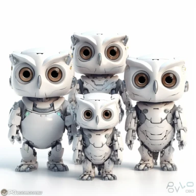 Kawaii owl, wallpaper owl, gods art, aion, jewelry, A team of 6 supportive, curious, nerdy computer cats and robots, clipart by Sarah Anderson, pure white background