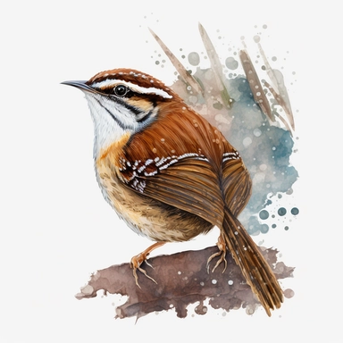 Carolina wren sharp illustration clipart, watercolor art, insane detail, white background