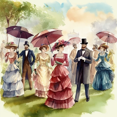 watercolor style, women in fancy Victorian dresses and holding fancy umbrellas and men in fancy suits, ties, and fabulous hats, listening to music on the lawn, clipart, digital art, illustration