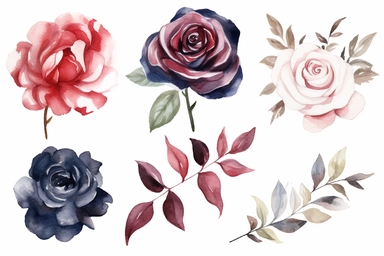Watercolor clipart collection of matching and coordinating navy, burgundy and white roses, isolated elements on a white background with a wide margin