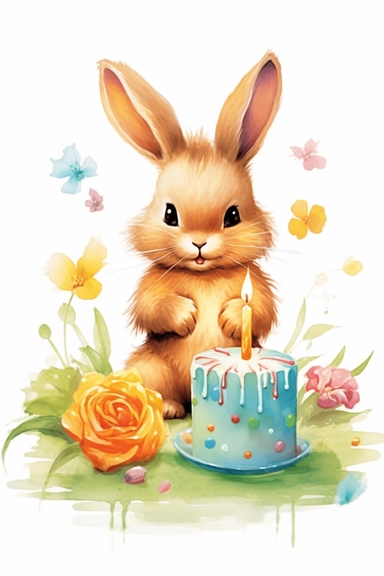 Create a watercolor clipart picture of an adorable rabbit celebrating a birthday with a cake. The rabbit should have a happy and energetic expression, with its fur depicted in soft watercolor textures. The cake should be a delightful creation, decorated with colorful icing, candles, and sprinkles. Surround the rabbit and the cake with small flowers and greenery, adding a whimsical touch to the scene. To enhance the celebratory feel, you can include party hats, balloons, or confetti around the ra
