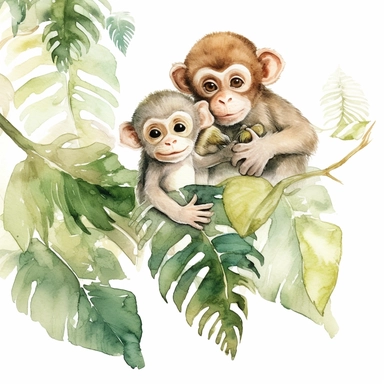 watercolor clipart, father monkey and baby monkey on leaves, love, cute, sublimations, white background