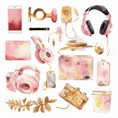 handpaint, gadget clipart,devices icon set, isolated white background, single design, sharp, bold , sweet pink, cream pastel, gold, hand-painted watercolor