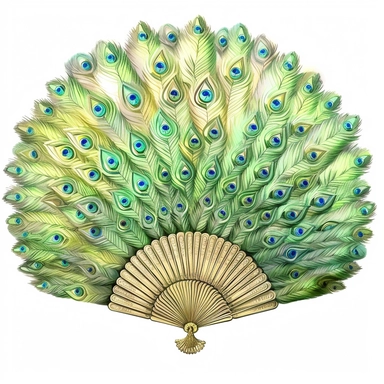 a light green hand fan made of peacock's feathers ,floral,soft tone, in the style of James Christensen, clipart, fantasy, watercolor illustration ,hand drawn, hd, single object, print on demand image, PNG transparent background, , 8k ,white background for removing background - - no text shadow font watermark