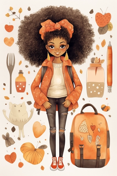 clipart set Cute illustration fashion black woman back to school watercolor clipart, full body, Cute kawaii sticker