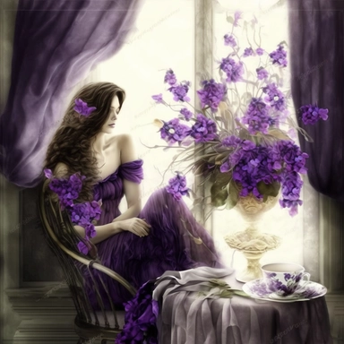 beautiful bouquet of purple flowers in large crystal glass vase, on a table in front of a large vintage window with flowing drapes, romantic, shabby chic, beautiful brunette lady, long hair, sitting in large winged upholstered chair reading, romantic, ethereal, clipart style, better defined face