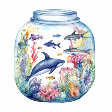 complex watercolor illustration of euphoric ocean full of marine animals, swimming around isolated in a transparent floral jar ,concept,art,8k,hd,watercolor,detailed,white backround,clipart