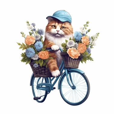 Create a clipart image of a calico cat riding a blue bicycle with a basket full of flowers on the back. Low detail. White background, soft lighting. In the style of Bob Ross