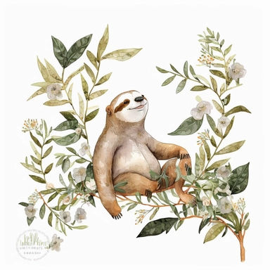 watercolor clipart funny sloth with plants white background