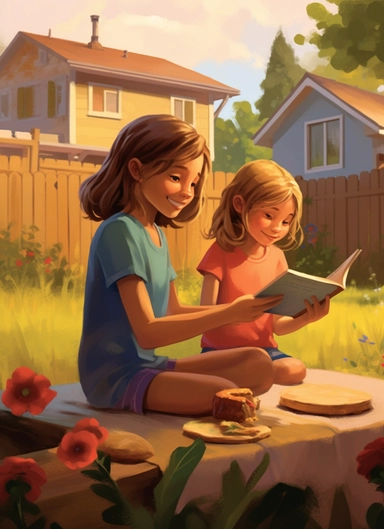 two six-year old girls talking in the kitchen over an open cookbook, one girl is wearing a blue t-shirt, she has brown, shoulder-length hair and blue eyes, the other girls is wearing a yellow blouse, detailed clipart, wide shot, warm colors, make it in the style of this picture: :
