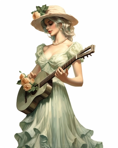 detailed beautiful lady facing me with vintage hat with Sage green roses dressed in a vintage dress and playing a musical instrument, looking at the side, hyper realistic, isolated on white backgorund, clipart