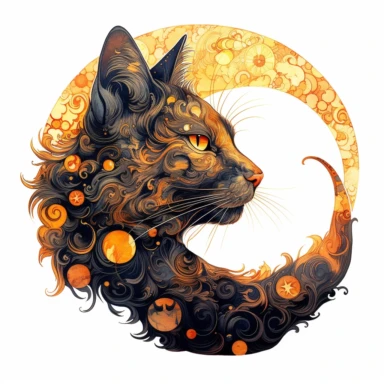 A beautifully painted cat with crescent moon behind it, hues of captivating orange, yellow and black, stunningly beautiful, refined and sophisticated, Hand drawn, Roberto Ferri, Clipart, watercolor, white background, intricate detail