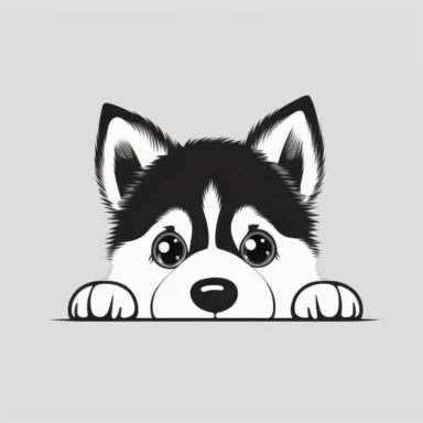 simple outline of a front facing Siberian Husky puppy head peeking with front paws, cute, clipart, flat 2d vector, minimalist, black and white, kids cartoon, svg cut file, line art drawing