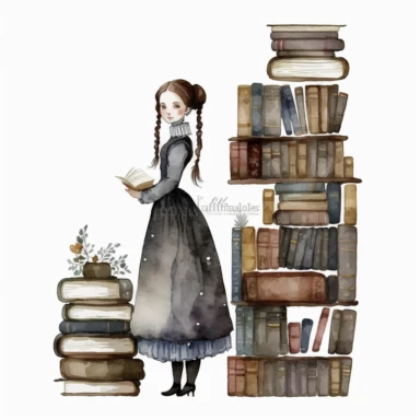 Dark academia librarian girl, folk art, sweden, watercolor, clipart elements, white background