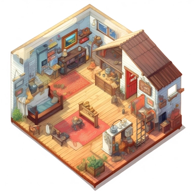 isometric cutaway of inside of empty one story cottage, clipart
