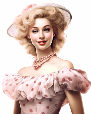 hyper photorealistic image of detailed beautiful lady facing me and smiling with light sandy hair and dressed in amarant polka dots maria antoinette style dress, 8k, isolated on white backgorund, clipart