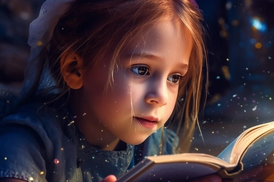 a cute ten-year-old cute girl is reading a book in the genre of combat marine fantasy, magical magical fine sparkling dust sparks from the book, a watercolor clipart, Sharp focus + Close-up textures + Hyper-realistic textures, Color contrast, Precise details, Complexity, hdr. 8k