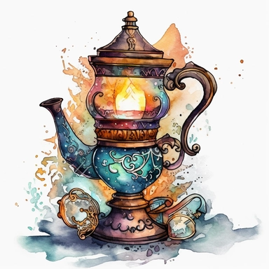 a Cute Magic Lamp watercolor Clipart sublimation clipart graphic, full body, clipart, sticker, a single picture, cartoon style, highly detailed, 8k, one image in the frame--no text in the picture--