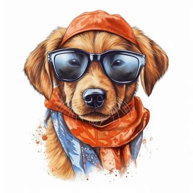 cute puppy female wearing bandana and sunglasses drawn in watercolor, vector design, cutout,Sublimation Clipart ,Cartoon,hyper realistic, intricate detail, illustration style,high solution,on the white background