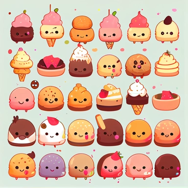 beautiful tiny happy face kawaii desserts, clipart collection, no background, many tiny