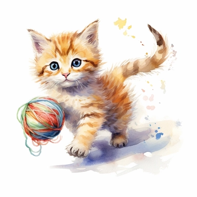 drawn illustration of adorable playful kitten chasing a ball of yarn,digital art,HD,white background,watercolor,clean line art,clipart