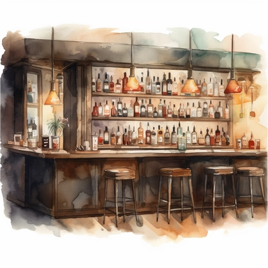 a cocktail bar with lots of bottles behind the bar some stools are in front of the bar soft light illuminates the area watercolour art style a png image that can be used as clipart