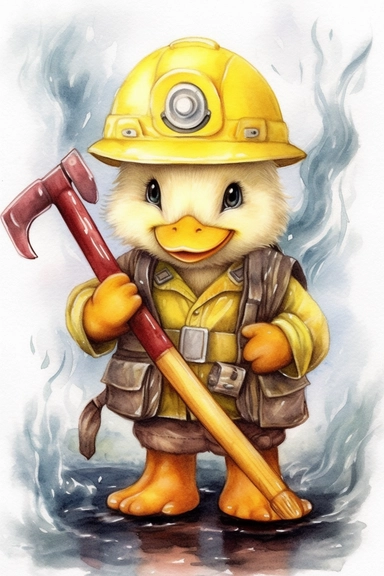 Create water color cliparts for small kids of cute very laughing ducks with fireman suit clothes, background pastel oil color,