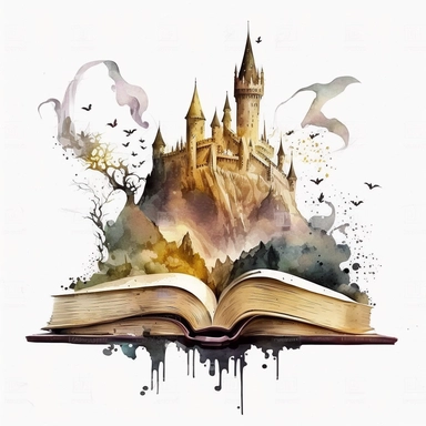 Clipart, Mythical Watercolor Castle Emerging from an Open Book, no background, hd