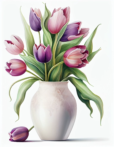 detailed vibrant watercolor bouquet of purple tulip flower in white ceramic vase white space , isolated on white background, realistic, clipart