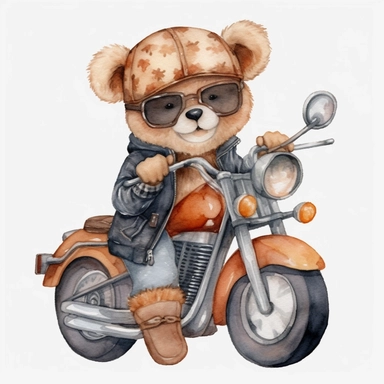 cute teddy bear riding harley davidson motorcycle and wearing leather biker jackaet and helmet, Sublimation graphics, by Beatrix Potter, Watercolor clipart, single design, print on demand image, PNG transparent background, white background