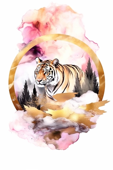beautiful gorgeous alcohol ink of gold serene nature scene with a central focus on a pink tiger , minimalist style, crystals, glam, glossy, glitter texture, liquid ink clipart, modern and stylish design, bright colors, 300 dpi, clear decoration, clear white background, highly detailed digital art, 8k