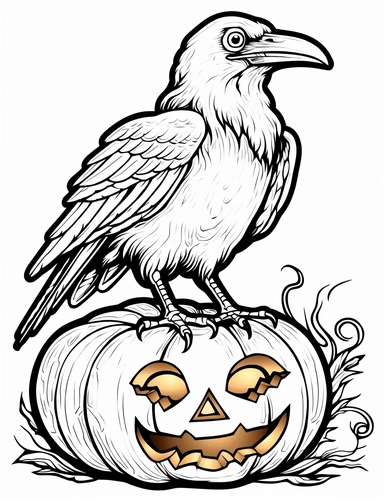 clipart cartoon curious jack-o-lantern pumpkin, happy Raven, in the style of Pierre-Auguste Renior black and white coloring book, black and white smooth thick lines, solid white background, no background
