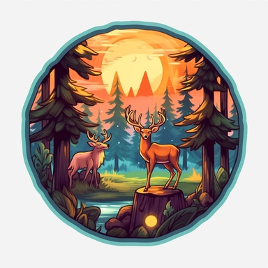 Sticker logo, featuring trees, lush foliage, and woodland creatures like deer or squirrels, capturing the essence of camping in nature, on transparent background free clipart, in the style of digital painting and drawing, 2d game art, scoutcore, anime-influenced, cabincore, high resolution, light sky-blue and dark maroon