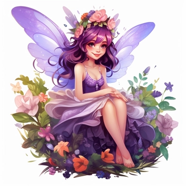 a beautiful smiling fairy girl sitting in flowers, big wings, purple dress, pixar style, full body image, clipart, white background