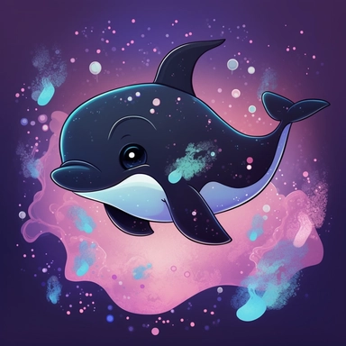 Baby ORCA for children, in the sea, walt disney style, 4k, quality, detailed, clipart, clipart, sticker, cute, pastel colors, smile, only black outline, high contrast, cartoon style illustration, illustration for a children's book, space background, stars, nebula