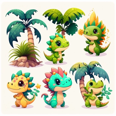 Baby dinosaur. Cute adorable little dragon character, childish Jurassic mascot clipart collection, funny kids toy dragon. Vector isolated set. Friendly fantasy creatures among palm trees