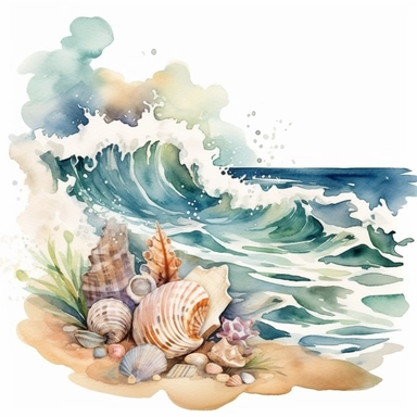 Create a captivating watercolor clipart illustration capturing the moodiness of the sea and beach, Picture a rugged coastline with crashing waves and dramatic clouds, Scatter beautifully rendered seashells along the shore, showcasing their intricate textures and muted colors, Use a dark and rich color palette to evoke a sense of mystery and depth, The artwork should be high-definition, with a spacious composition and a 3:2 aspect ratio, Present the final illustration on a white background, ensur