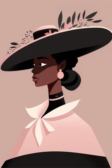 <https://s.mj.run/VafKh_OyowI> Mary Blair style, minimalistic nordic style single clipart, single black traditional mexican fashion model portrait with sombrero, minimalistic pastel pink color palette,