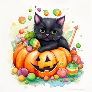 a large Halloween pumpkin, pumpkin is filled with colorful wrapped candies, lollipops, and candy corn, inside the pumpkin is a cute little black kitten with big green eyes, scattered candy is laying flat around the pumpkin, Halloween colors, magic, fantasy, watercolor, clipart style, white background with margins