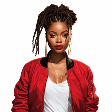 clipart showing a beautiful melanin woman, with braids and red lipstick, wearing a plain black and red bomber jacket, bright white shirt, with matching accessories, white background