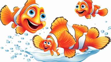 Multiple Brightly Colorful Cartoon Clown Fish and Waves clip art. Image depicting Happy Fish with sparkling scales that have double flowing Flippers, Fish are swimming, playing and laughing. No rouge faces. Each element of the Design is to be individual and totally separated and isolated on White Background, 2d Vector Clip Art for use in other designs