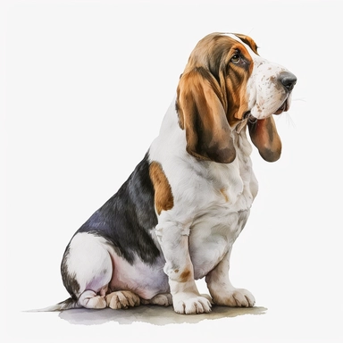 a watercolor painting of a Basset Hound, clipart, white background